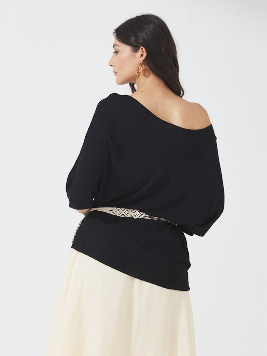 Off-Shoulder Drape Black Knit Top with belt