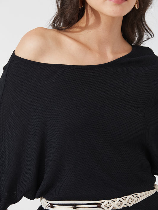 Off-Shoulder Drape Black Knit Top with belt