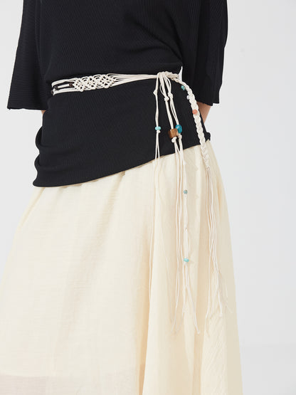Off-Shoulder Drape Black Knit Top with belt