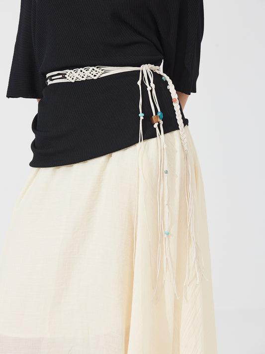 Off-Shoulder Drape Black Knit Top with belt
