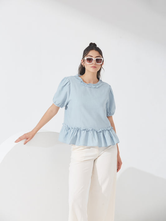 Dusty Blue Frill Hem Blouse