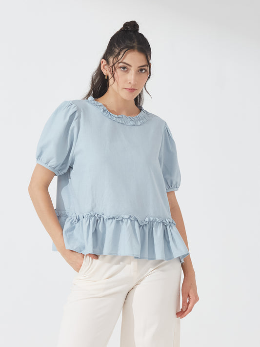 Dusty Blue Frill Hem Blouse
