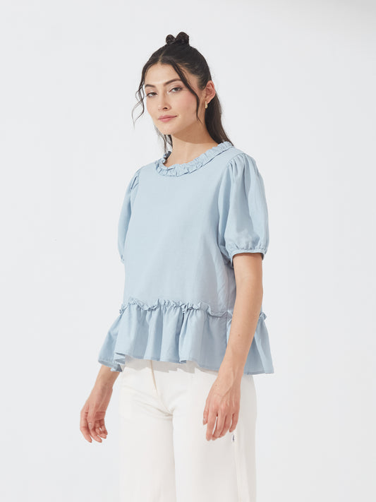 Dusty Blue Frill Hem Blouse