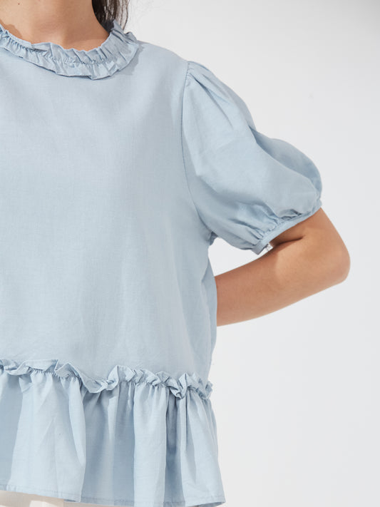 Dusty Blue Frill Hem Blouse