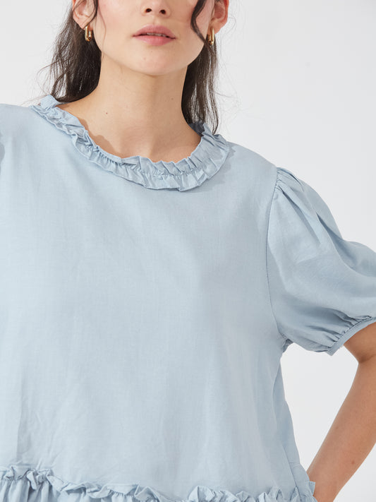 Dusty Blue Frill Hem Blouse