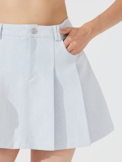 Denim box pleat skort with belt