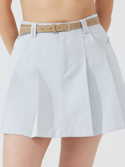 Denim box pleat skort with belt