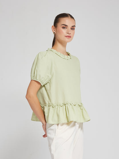 Pastel Green Puff Sleeve Frill Top