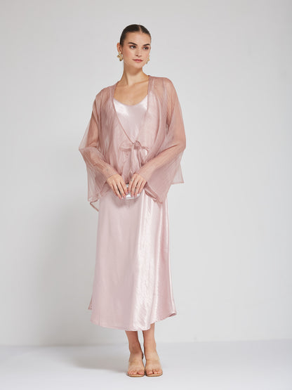 Blush Satin Slip Dress with Sheer Shrug