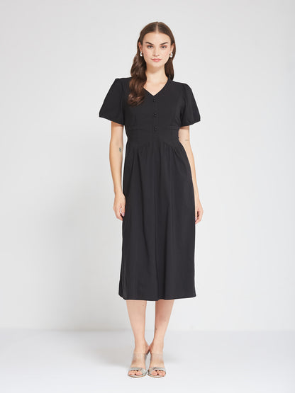 Black Puff Sleeve Buttoned Midi Dress