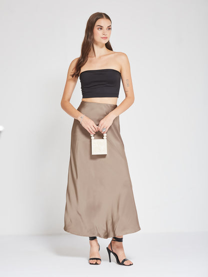 Grey Solid Satin Maxi Skirt