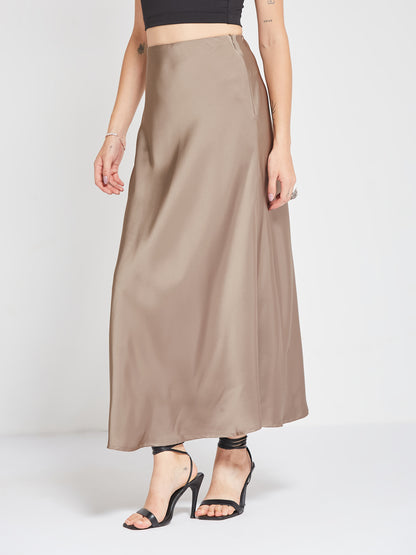Grey Solid Satin Maxi Skirt