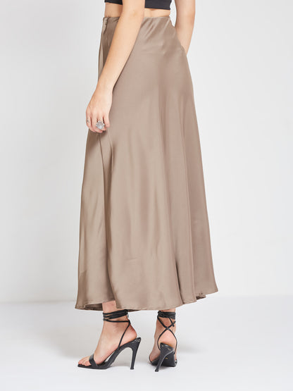 Grey Solid Satin Maxi Skirt
