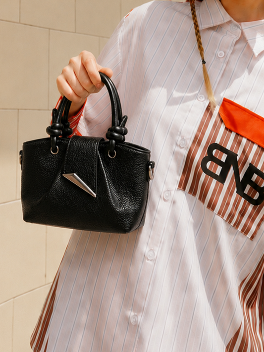 Midnight Black Mini Tote with Knot Handle & Metal Accent