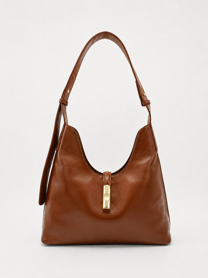 Classic Tan Brown Shoulder Hobo Bag with Gold Accent