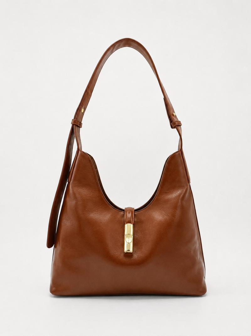 Classic Tan Brown Shoulder Hobo Bag with Gold Accent