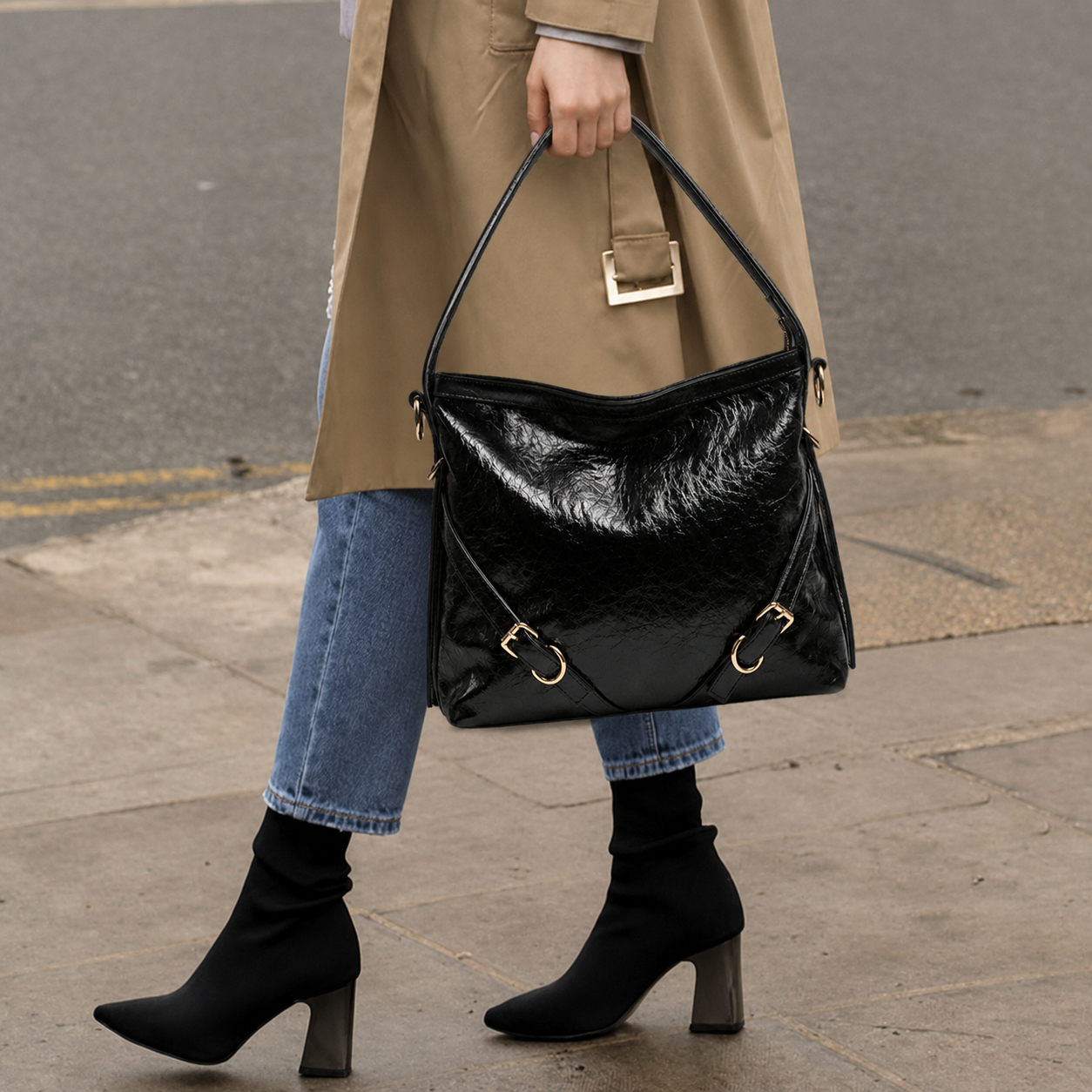 Glossy Black Luxe Shoulder Bag with Gold Zip Detail