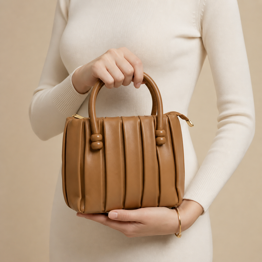 Caramel Pleated Mini Tote with Detachable Sling