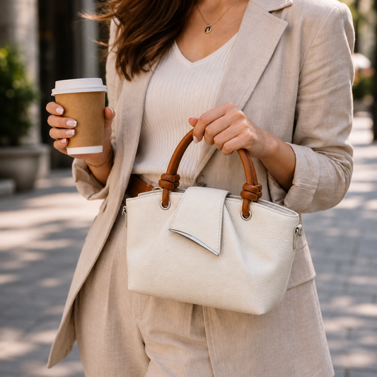 Ivory Knot Handle Mini Tote with Contrast Brown Straps