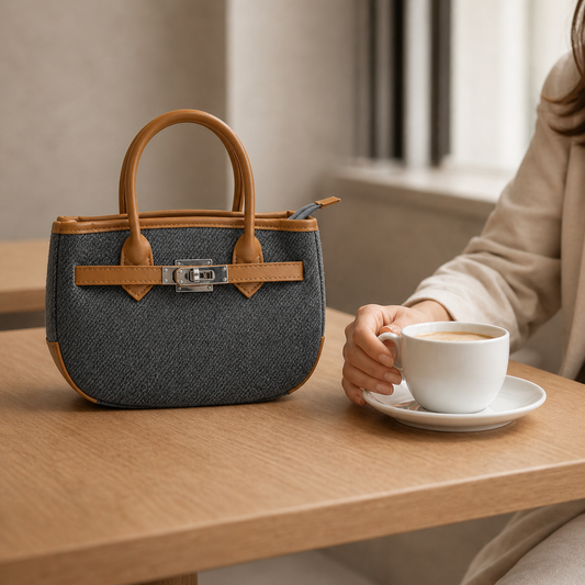 Charcoal Textured Mini Tote with Tan Leather Acc