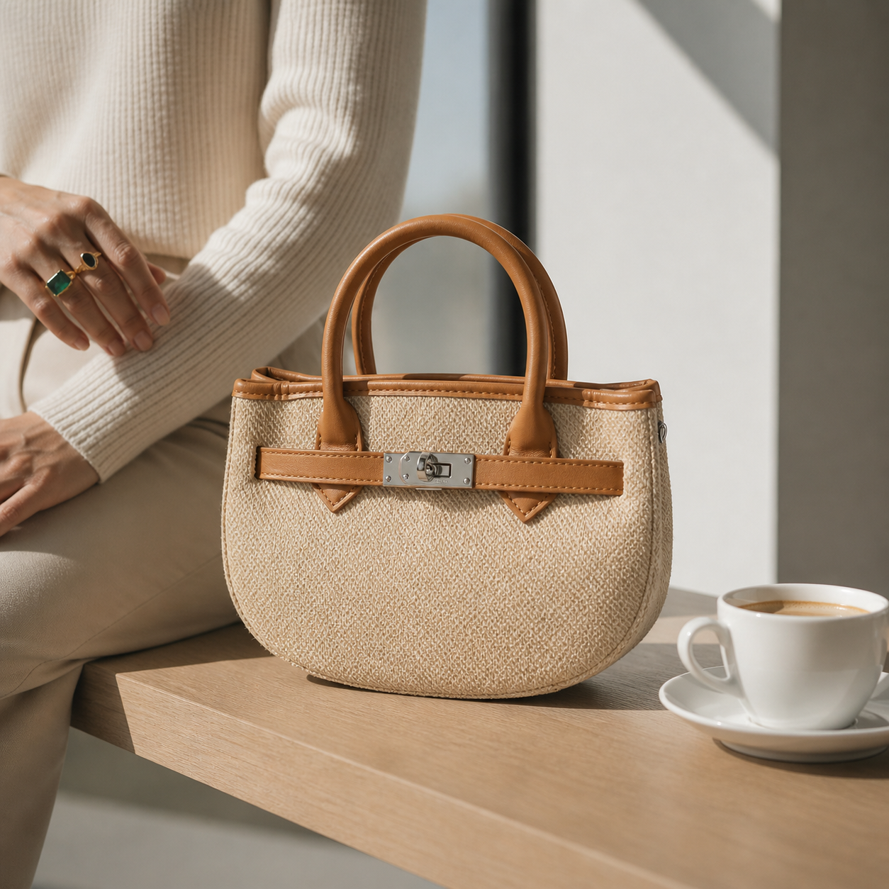 Beige Woven Mini Tote with Tan Handle & Lock Detail