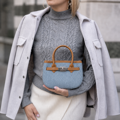 Sky Blue Woven Mini Tote with Tan Handle & Lock Detail