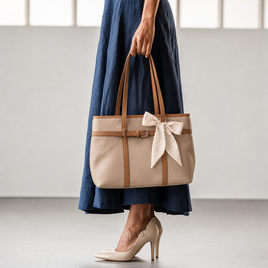 Elegant Beige Tote Bag with Bow Detail & Tan Straps