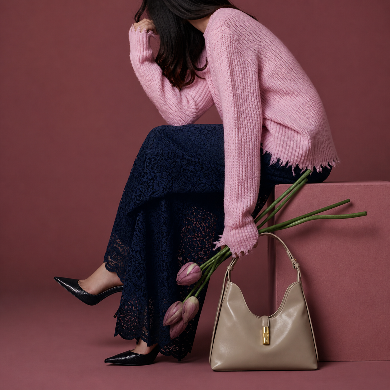 Elegant Nude Beige Shoulder Hobo Bag