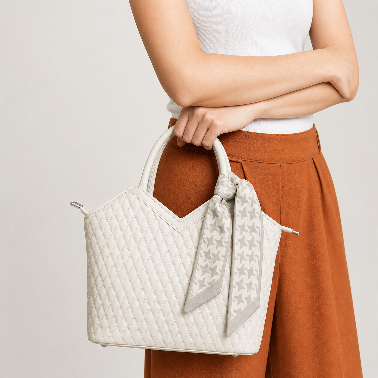 Beige Quilted Handbag with Scarf Detail