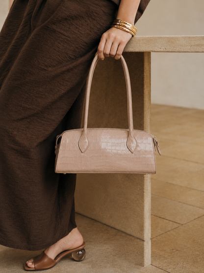 Blush Croc Texture Shoulder Bag – Slim Baguette Style