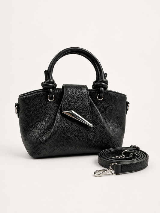 Midnight Black Mini Tote with Knot Handle & Metal Accent