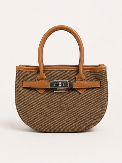 Classic Beige Woven Mini Tote with Tan Handles & Lock Detail