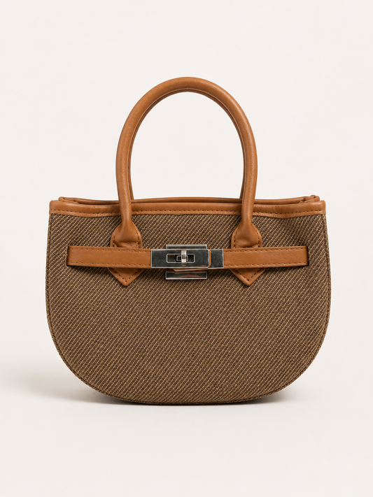 Classic Beige Woven Mini Tote with Tan Handles & Lock Detail