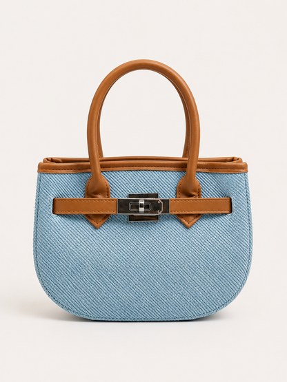 Sky Blue Woven Mini Tote with Tan Handle & Lock Detail