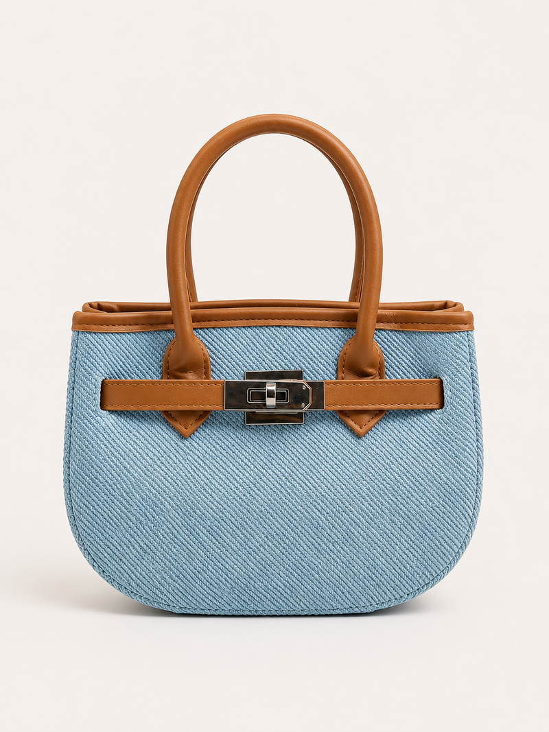 Sky Blue Woven Mini Tote with Tan Handle & Lock Detail