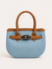 Sky Blue Woven Mini Tote with Tan Handle & Lock Detail