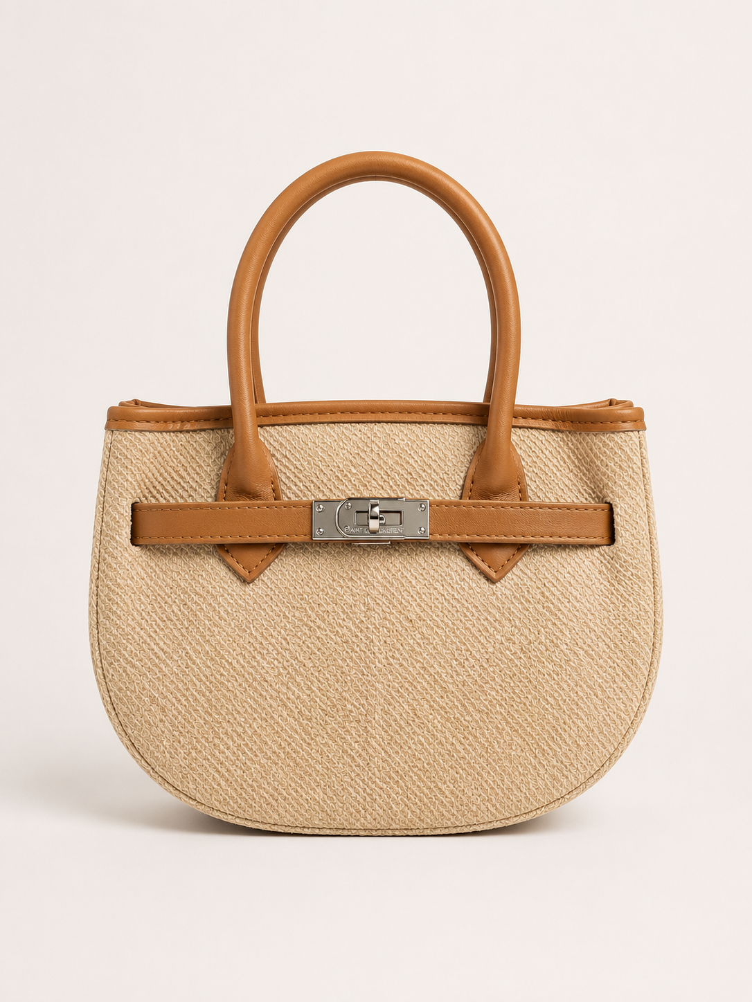 Beige Woven Mini Tote with Tan Handle & Lock Detail