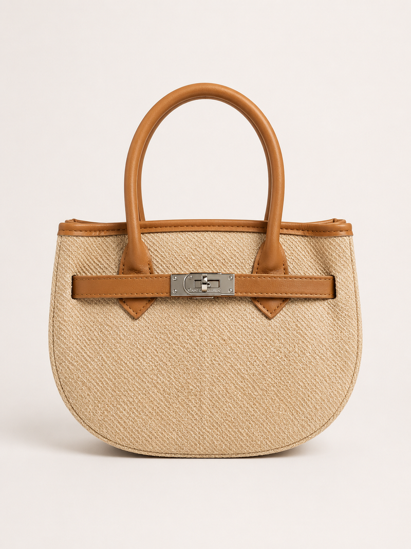 Beige Woven Mini Tote with Tan Handle & Lock Detail
