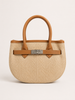 Beige Woven Mini Tote with Tan Handle & Lock Detail