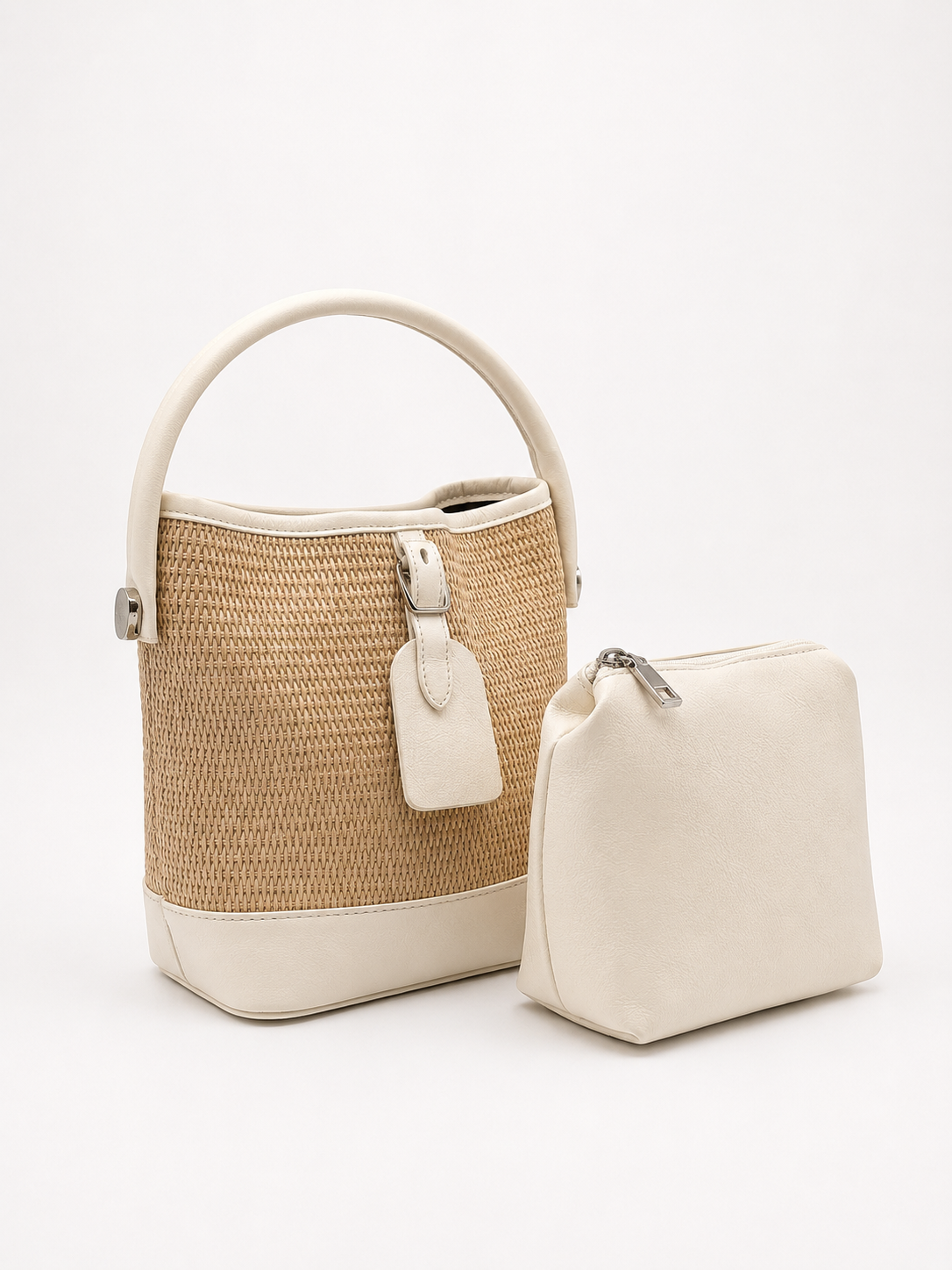 Ivory Woven Straw Bucket Bag with Matching Pouch Set