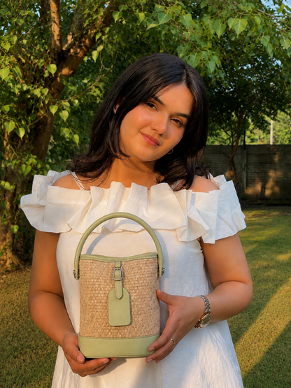 Pastel Green Woven Straw Bucket Bag with Top Handle