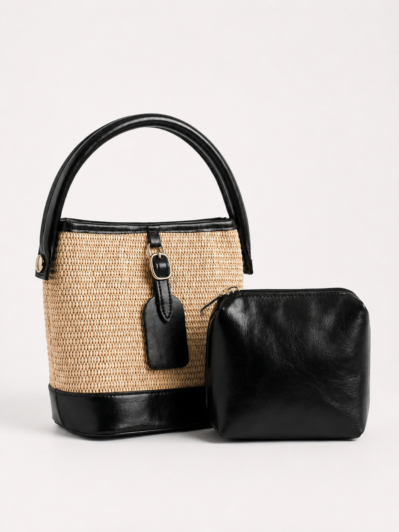 Chic Woven Straw Bucket Bag with Black Handle