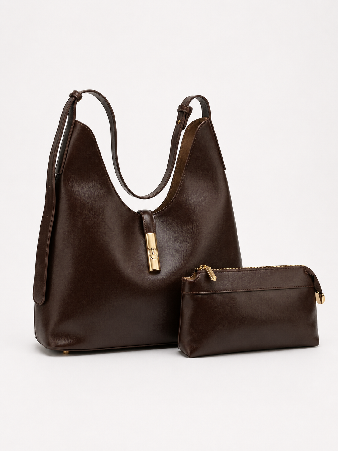 Classic Chocolate Brown Convertible Hobo Bag with Gold Accent