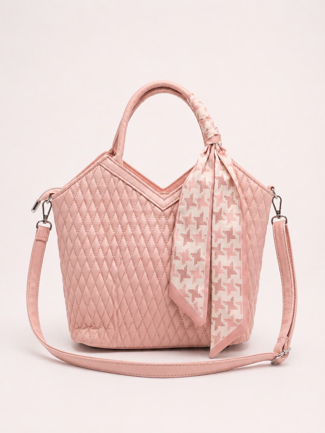 Blush Pink Quilted Handbag with Scarf Detail