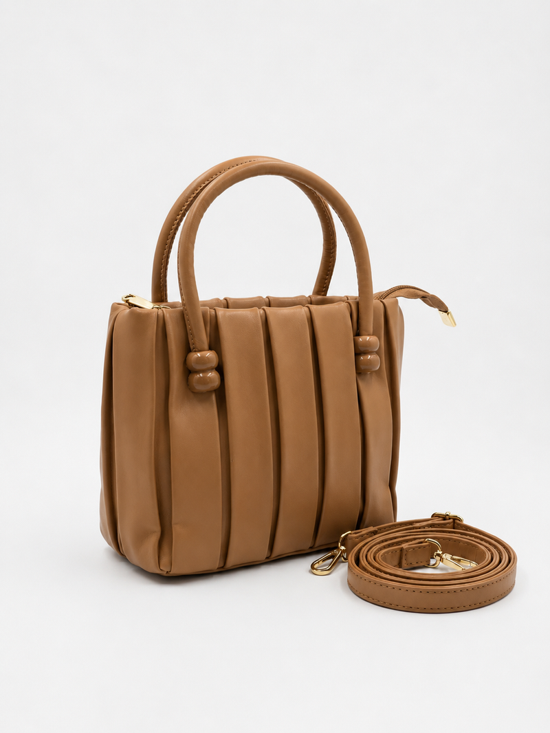 Caramel Pleated Mini Tote with Detachable Sling