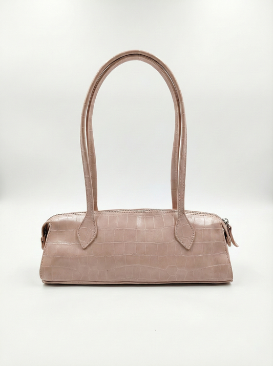 Blush Croc Texture Shoulder Bag – Slim Baguette Style