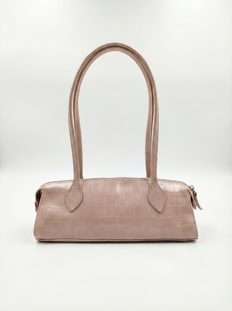 Blush Croc Texture Shoulder Bag – Slim Baguette Style