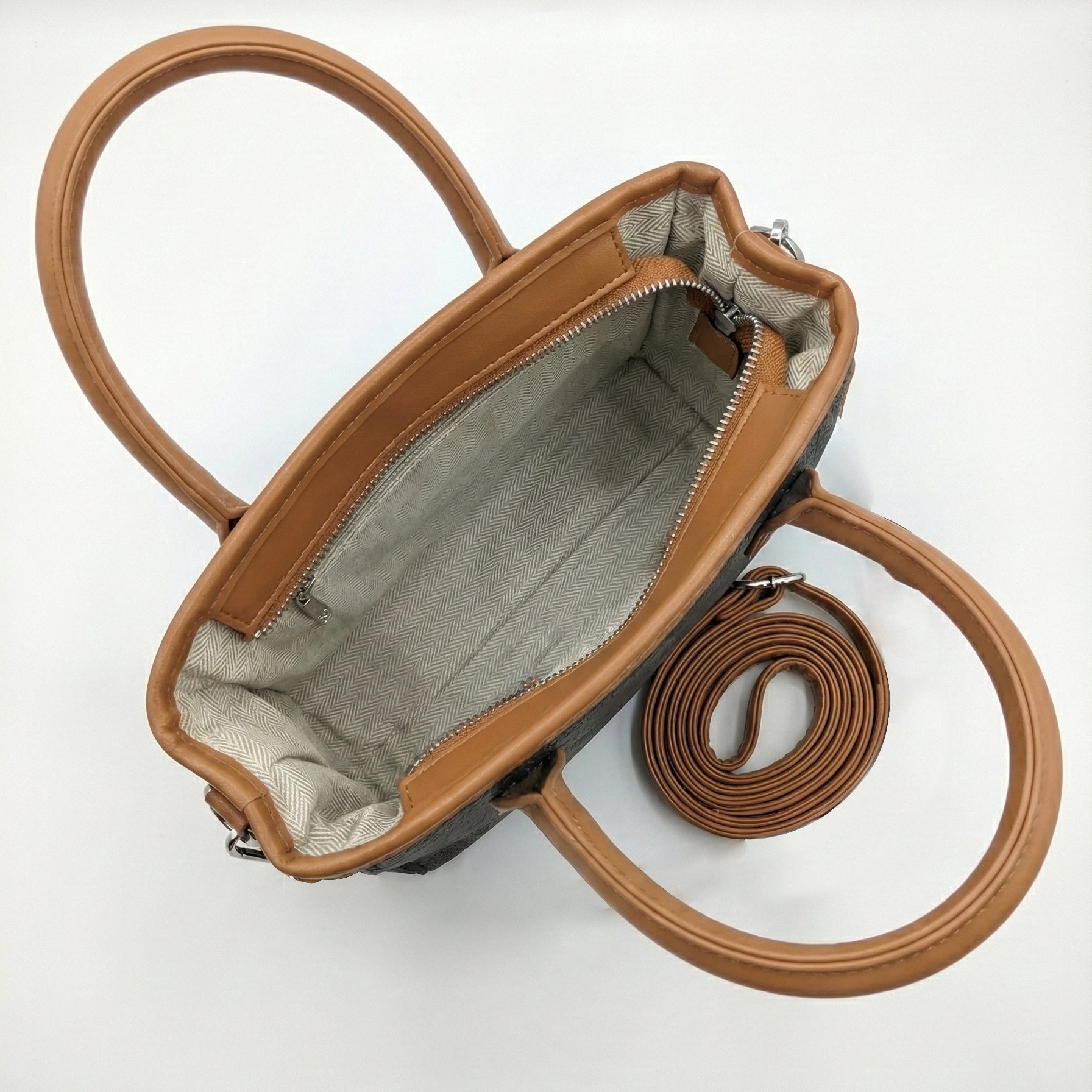 Charcoal Textured Mini Tote with Tan Leather Acc