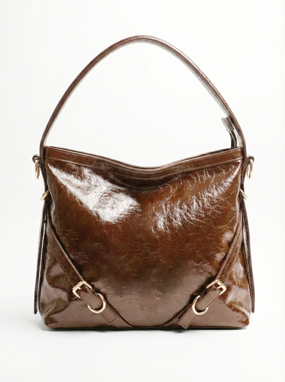 Rich Chestnut Gloss Shoulder Bag with Gold Zip Detail