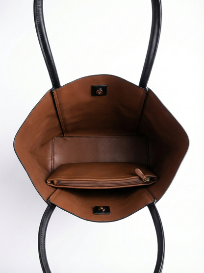 Dual Tone Leather Tote Bag with Pouch Set
